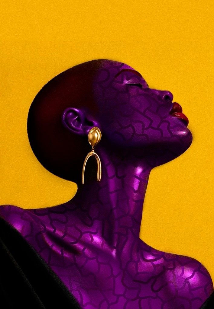 Violet-skinned figure in profile with gold drop earring on yellow background