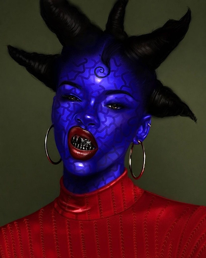 Blue figure with black horns and red turtleneck