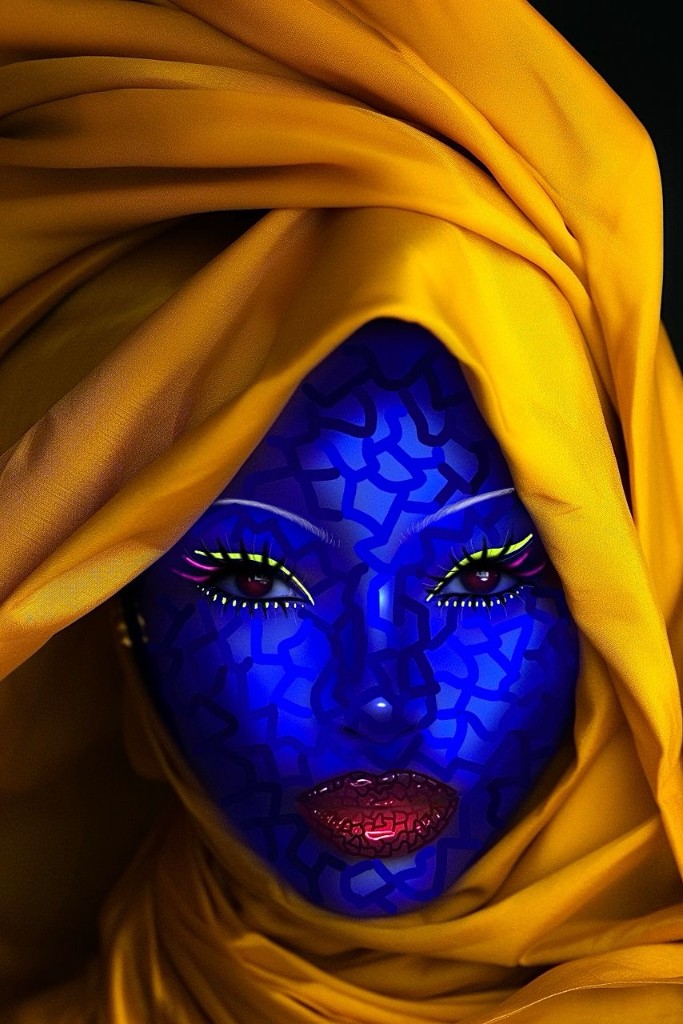 Blue patterned face beneath a yellow veil