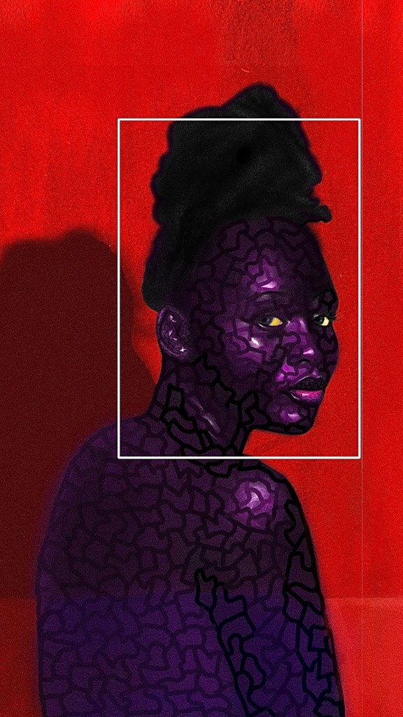 Violet figure framed against red wall