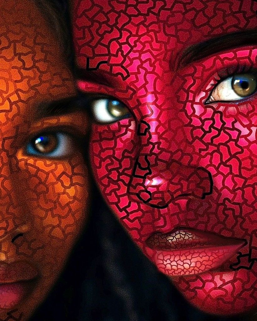 Two faces, one orange one crimson, looking forward