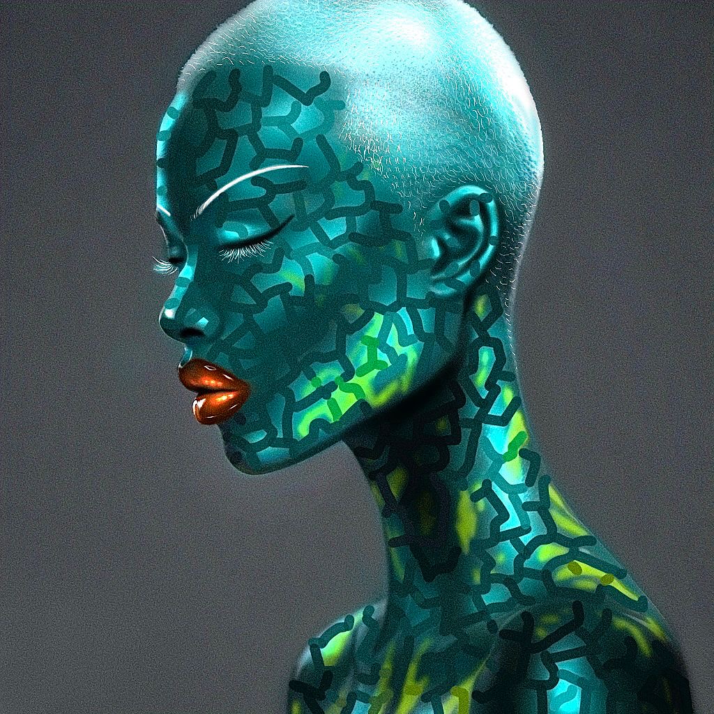 Jade-skinned figure in profile, eyes closed