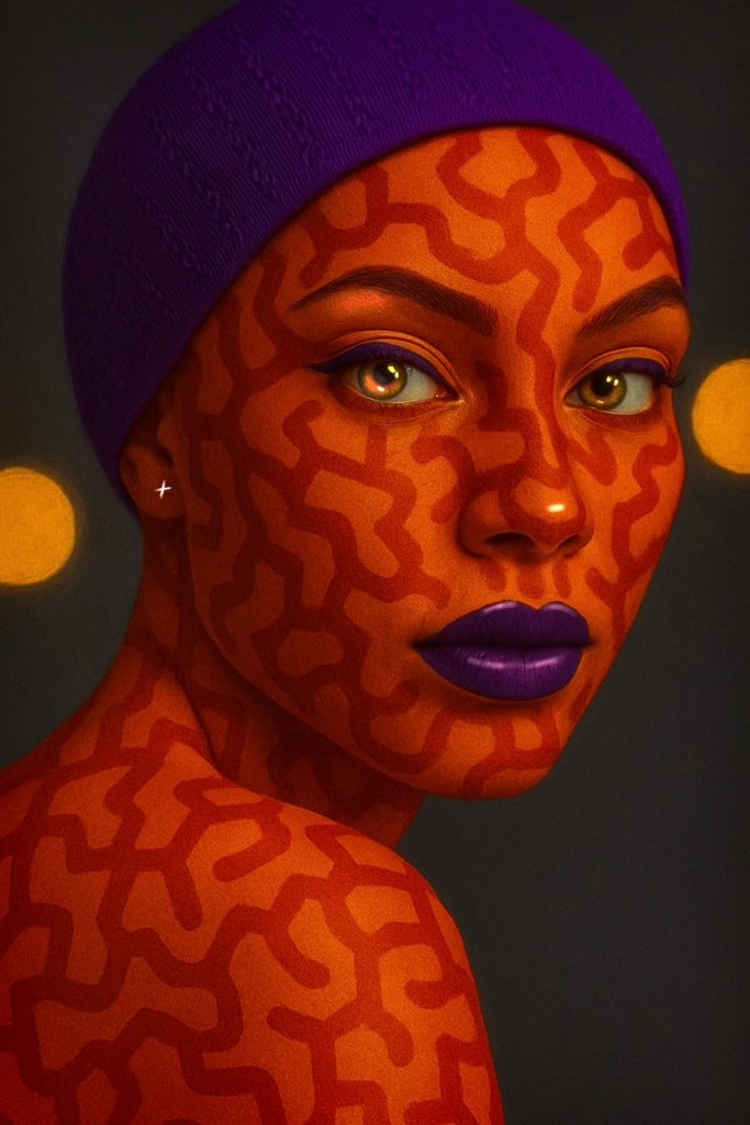 Orange-painted figure with violet headwrap and lips