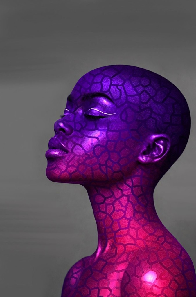 Magenta figure in profile with eyes closed and cracked-skin pattern