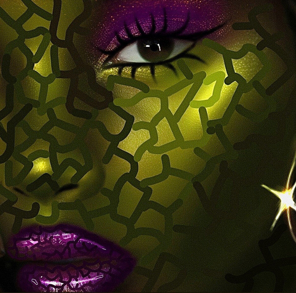 Close crop of olive-skinned face with violet lips and eye