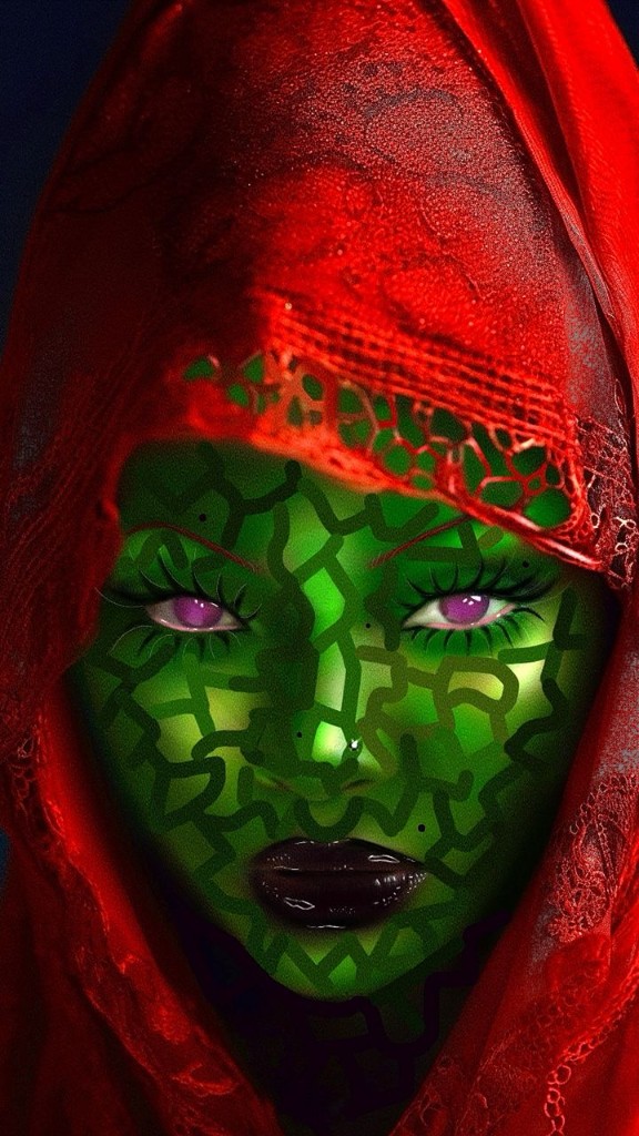 Green-skinned figure under red veil with violet eyes