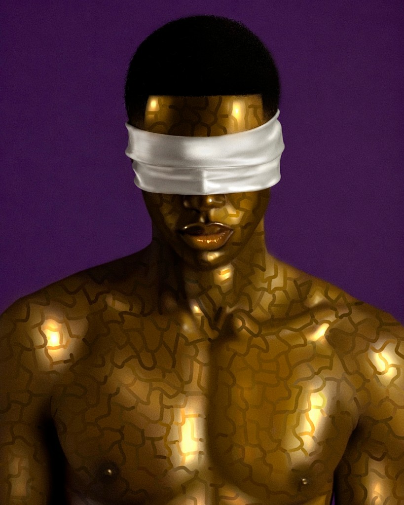 Gold-skinned figure with white blindfold on a violet background